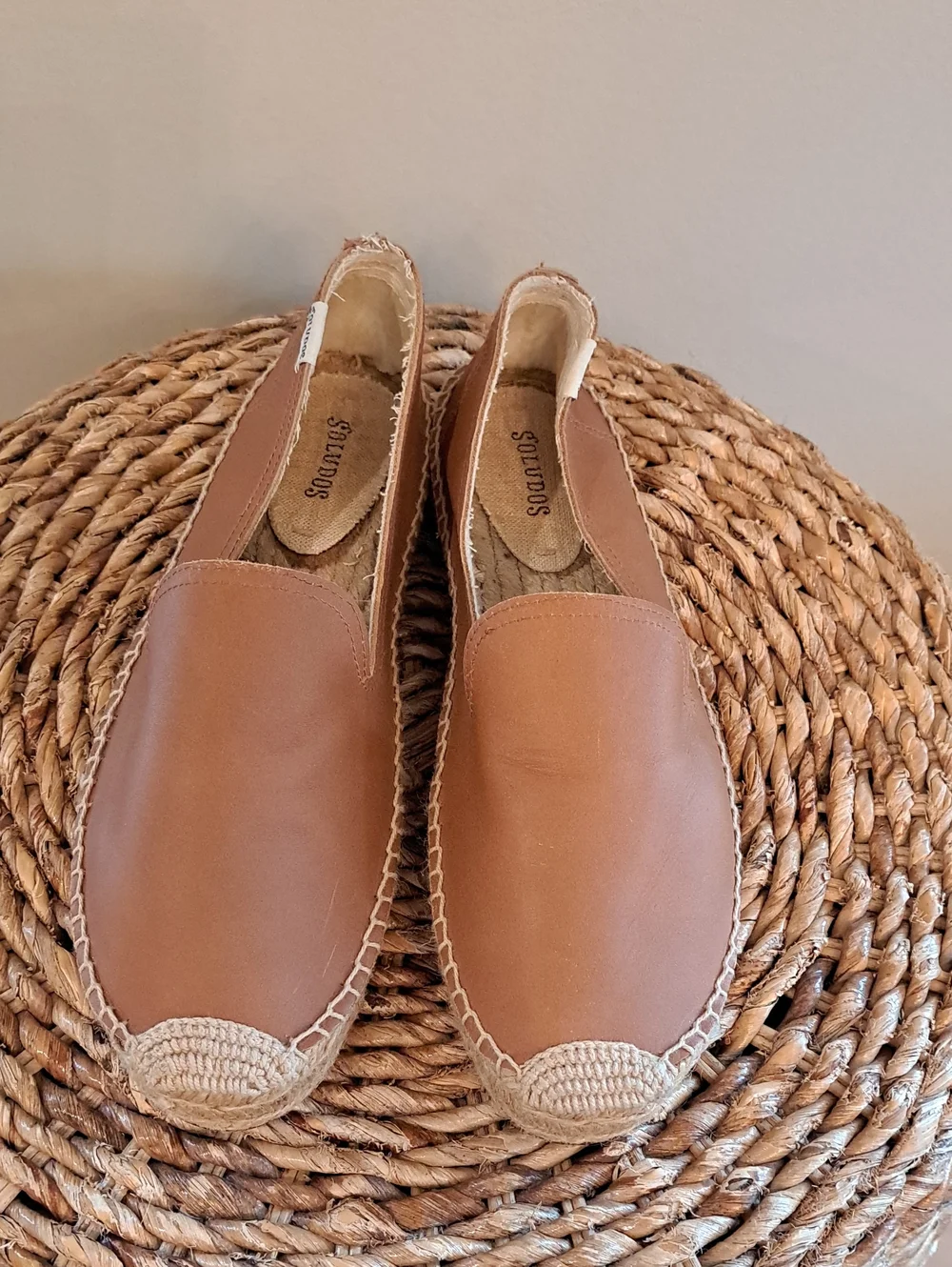 NWOT Soludos Womens Saddle Brown Leather Espadrille Smoking Loafers 9.5